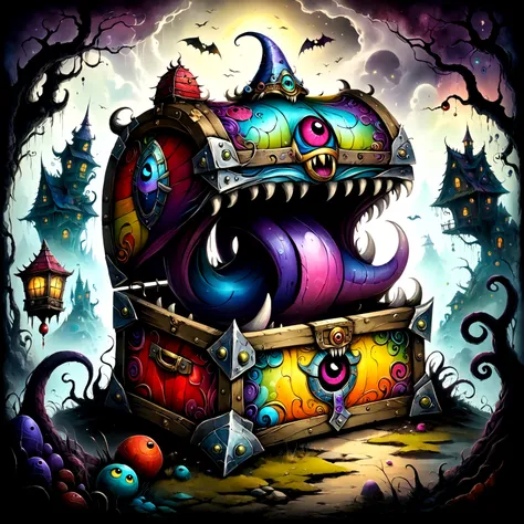 colorful treasure chest monsters,(((mimic chest)),artistically expressed,by alexander jansson　style, stunningly beautiful work, ...