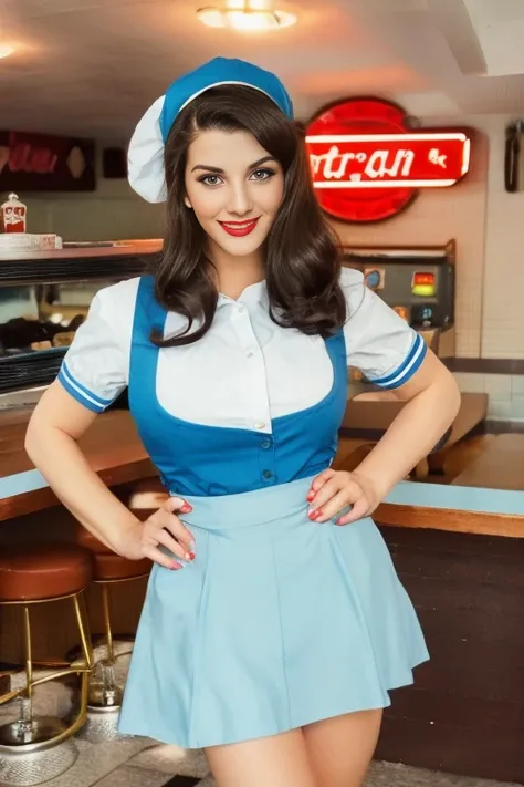 arafed woman in blue skirt and white shirt on a skateboard., wearing rr diner uniform, in a 5 0s restaurant, in a classic restau...