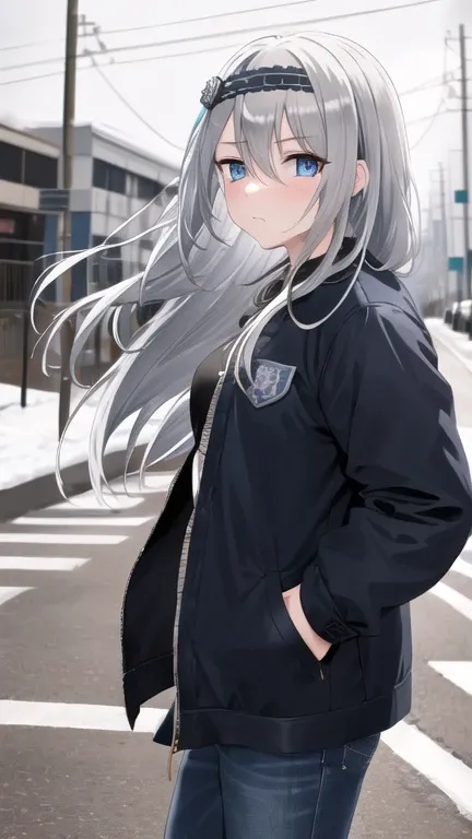 best quality, highres, kei1, 1girl, solo, blue eyes, long hair, bangs, grey hair, black hairband, hair ornament, hair between eyes, medium breasts,jacket, black jean, hands in pocket, frown, walking,