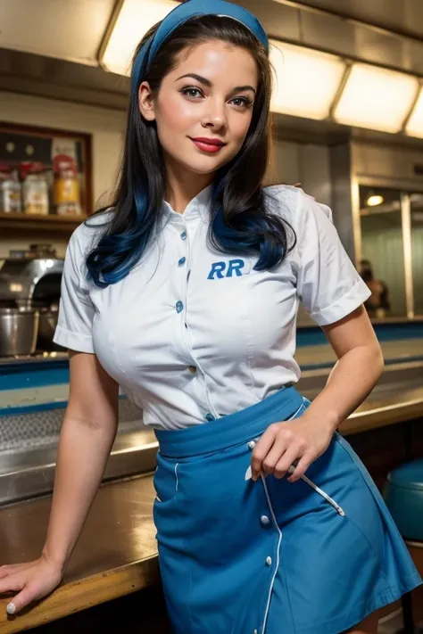 arafed woman in blue skirt and white shirt on a skateboard., wearing rr diner uniform, in a 5 0s restaurant, in a classic restau...