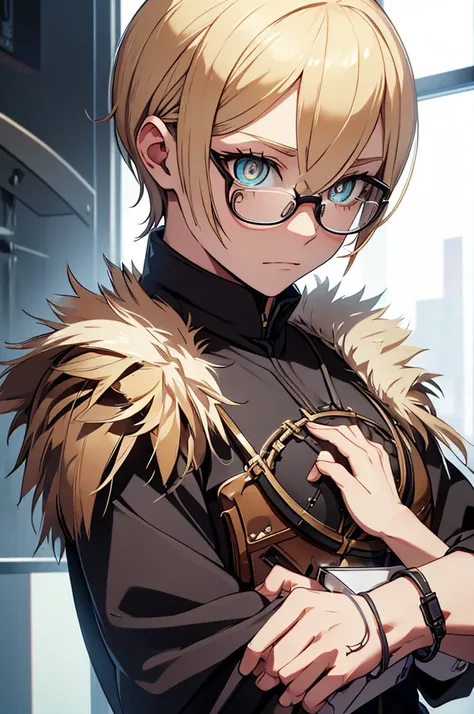 blonde, round glasses, cool, (gear accessories), anime, beautiful, masterpiece, highest quality, (1male性:1.5), (shining eyes:1.3...