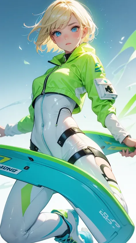 1girl, solo, white background,   wattson, masterpiece, highly detailed, blue eyes, blonde hair, short hair, Fluorescent green jacket, Rubber Gloss, white rubber skinsuit, Yellow skateboard shoes,  white pants, blush, plain background