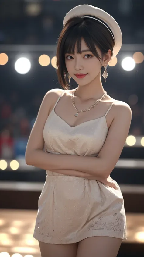 8K,(RAW photos),(best quality), (Photo-realistic:1.4),Realistic skin texture 1girl,Lovely,Double eyelids,Bangs,whole body,,Thin legs,(fit),Slim,Smile,hat,earrings,necklace,Watch and look at the audience,Face Focus,Depth of Field,club ,(Chest close-up:1),Bo...