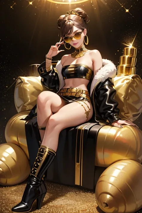 Royal Bee is  with dark skin, gold nail polish, brown eyes, gold eye shadow, red blush, gold lipstick, and curly brown hair with buns and golden highlights.
She wears a a black and gold tube top, a black leather jacket with gold accents and silver glittery...