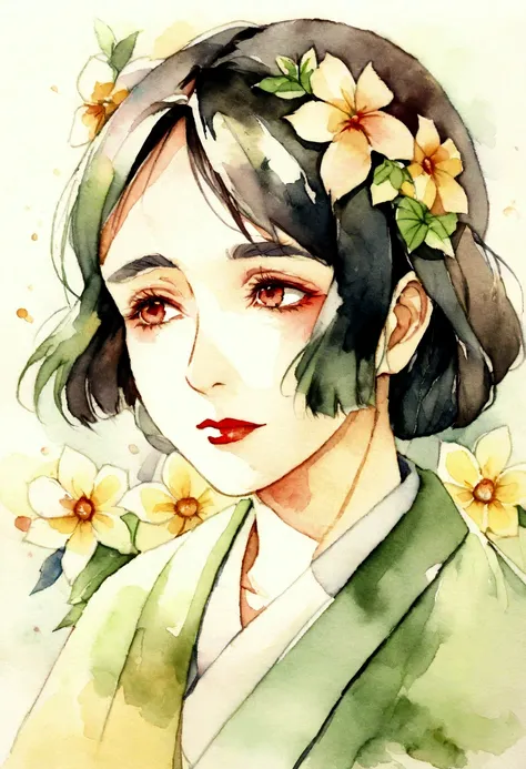 watercolor color  portrait of (( Aung Sann Su Kyi )),  65 years old lady with calm look and wise appearance. flowers on  hair ...