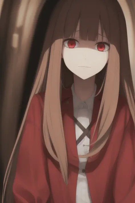 woman, long straight light brown hair, red eyes, with old clothes, dark inhabitant of terror, alone, scary face