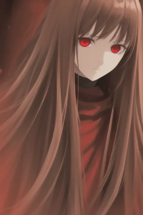 woman, long straight light brown hair, red eyes, with old clothes, dark inhabitant of terror, alone, scary face