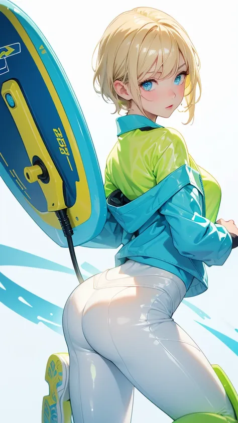 1girl, solo, white background,   wattson, masterpiece, highly detailed, blue eyes, blonde hair, short hair, Fluorescent green jacket, Rubber Gloss, white rubber skinsuit, Yellow skateboard shoes,  white pants, blush, plain background, back turned 