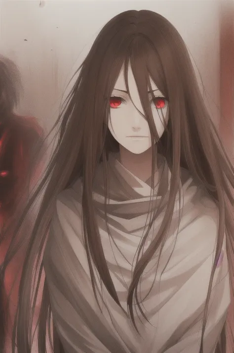 woman, long straight light brown hair, red eyes, with old clothes, dark inhabitant of terror, alone, scary face