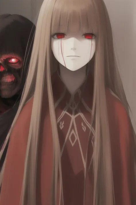 woman, long straight light brown hair, red eyes, with old clothes, dark inhabitant of terror, alone, scary face