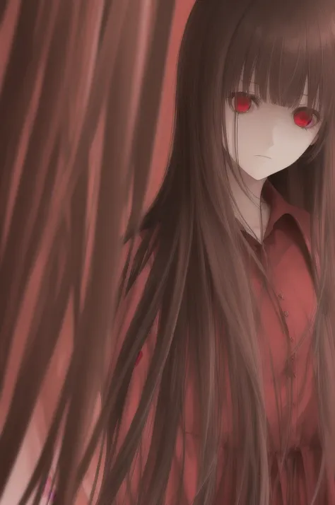 woman, long straight light brown hair, red eyes, with old clothes, dark inhabitant of terror, alone, scary face