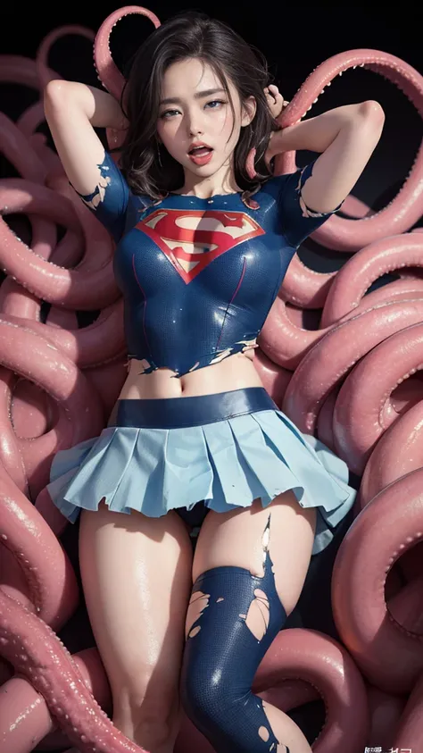 (8k、Highest quality、masterpiece:1.2)、(Realism、Photorealistic:1.37)、Ultra high definition、(Highest quality)、(masterpiece)、Supergirl trapped by tentacles、(Perfect fit body、Perfect fit、Perfect Thighs)、(((Wearing the Supergirl suit、skirt、Damaged、Torn、Thighs in...