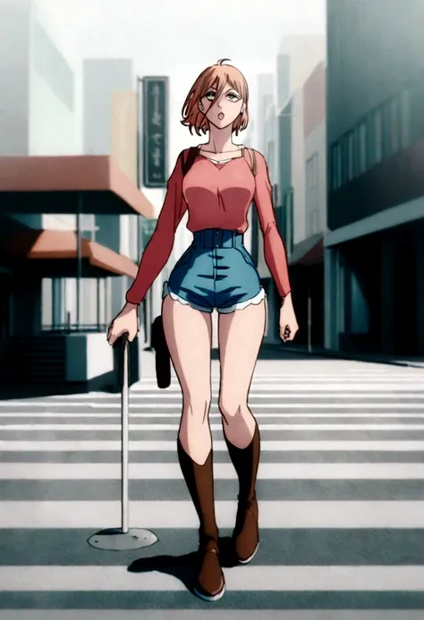 1 garora, wearing a short pink blouse showing her waist,in short shorts walking in the city