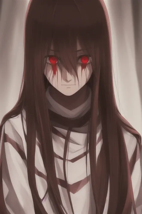 woman, long straight light brown hair, red eyes, with old clothes, dark inhabitant of terror, alone, scary face