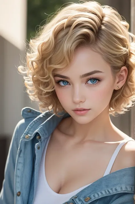  A young woman with delicate features, fair skin and short hair, curly and blonde. Your curls are defined and have a natural shine, capturing the light in a subtle way. She has an expressive look, with blue or green eyes, highlighted by well-defined eyebro...