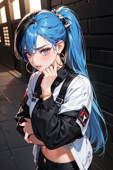 Downtown BB has light brown skin and two-toned blue hair styled in two long ponytails with strands hanging from both sides. Her eyebrows (one of which is split) are the same shade of cobalt blue as parts of her hair. She wears black and white checkered lip...