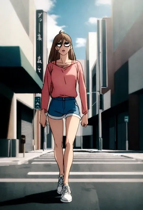 1 garora, wearing a short pink blouse showing almost everything,in short shorts walking in the city