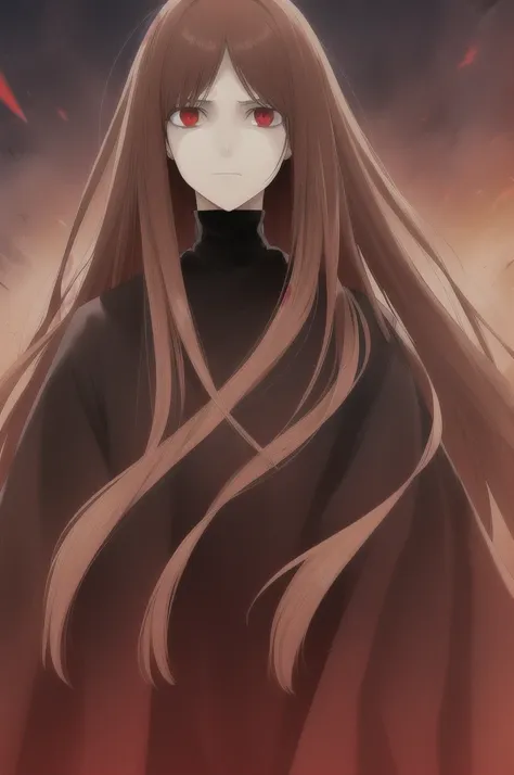 woman, long straight light brown hair, red eyes, with old clothes, dark inhabitant of terror, alone, scary face