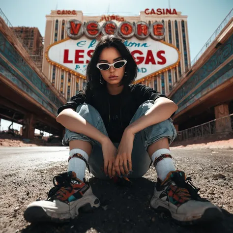 centered, 1girl, 18 yo, black hair, sitting on the ground, looking at the viewer, hip hop clothing, sunglasses, extreme low-angl...