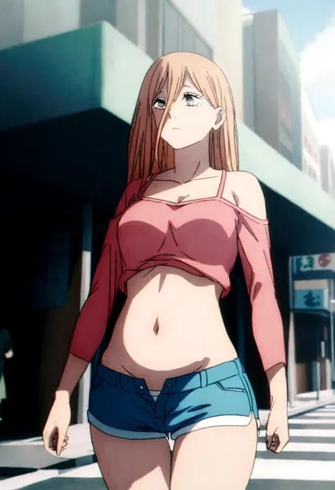 1 garora, wearing a short pink blouse revealing half of her belly,and short shorts half open in the middle, walking in the city