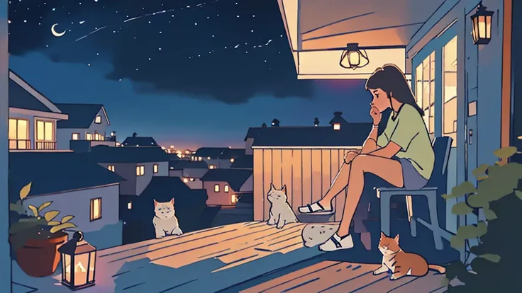 a girl sitting on a porch with a cat, with a view of the night sky