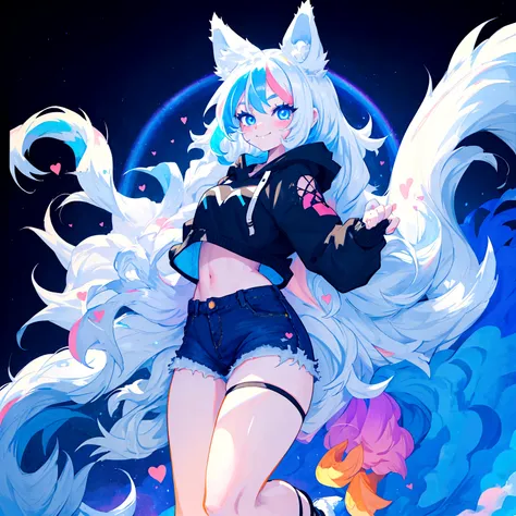 a cute adult male with wolf ears, long white hair, long locks, has a wolf tail, wearing a loose cropped black hoodie, wearing a ...