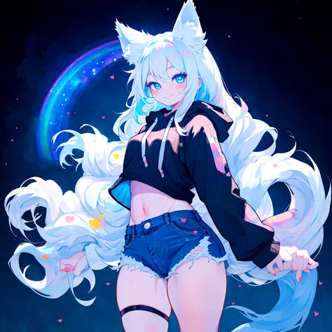 a cute adult male with wolf ears, long white hair, long locks, has a wolf tail, wearing a loose cropped black hoodie, wearing a ...