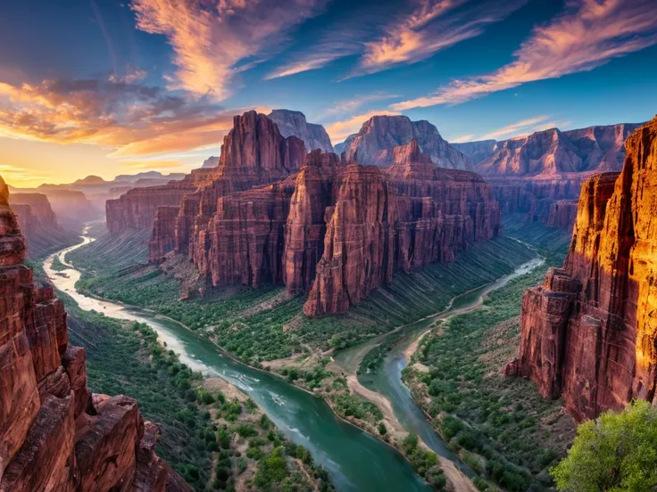 river view, flowing through the valley, against the background of the mountain, sunset in the valley, mountains river trees, gre...