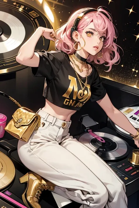 24K D.J. has curly pink hair and gold headphones with black earpads. She has dark brown skin, brown eyes, gold eyeshadow, brown eyebrows and sparkly light pink lips. She wears a gold necklace, a black and gold mesh crop top with a band at the bottom rim th...