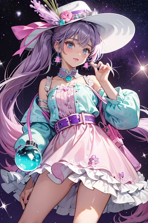 Cosmic Nova has olive skin, lavender eyes, purple eye shadow, silver nail polish, purple lipstick, pink blush, and turquoise hair in bubble pigtails with pink hair ties.

She wears a silver dress with a turquoise collar and lavender fringes along the botto...