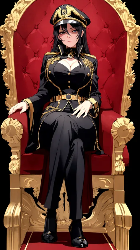 a beautiful and seductive woman with the face of the reference image, sitting on an ornate throne chair, wearing a black military uniform, highy detailed, 8K, Masterpiece artwork, cinematic lighting, dramatic pose, Bright dark, details Intricate, rich colo...