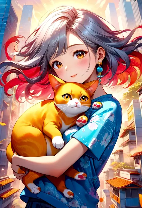 A stunning top-down illustration captures the essence of happiness as a beautiful Asian woman, radiating joy,  tenderly cradles a small yellow cat in her arms, She dons a vibrant, patterned colorful t-shirt and sparkling silver earrings, her hair flowing d...