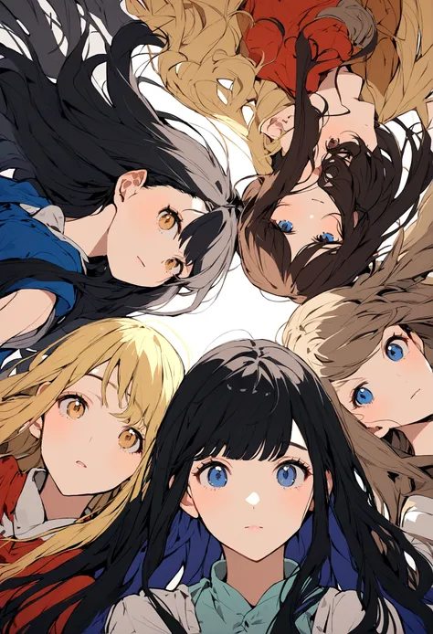 Four sisters, one with short black hair, another with brown hair, another with dark blue hair, and the last one is blonde with long hair.