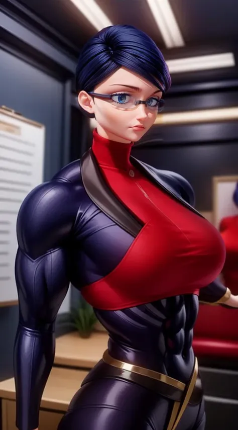 a muscular female bodybuilder in (( red bra inside (office suit) and her hair is (gradient of dark blue and red) from end to the right side of head)), detailed face, beautiful detailed eyes, beautiful detailed lips, ((extremely detailed face and muscles)),...