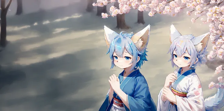 fox Light blue hair 　beast girl　indigo fur　fox beast girl　fox Light blue hair 　beast girl　indigo fur　fox beast girl　Wallpaper 4k,8k,highly detailled,,vivid colors,detailed kitsune with 9 tails,traditional Japanese artwork,tatami floor,beautiful cherry blos...