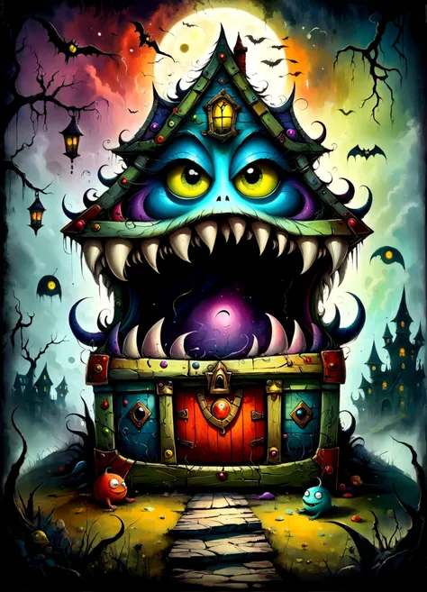 colorful treasure chest monster,artistically expressed,by alexander jansson　style, stunningly beautiful work, people and landsca...