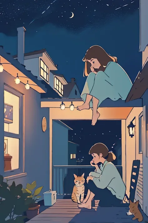 a girl sitting on a porch with a cat, with a view of the night sky