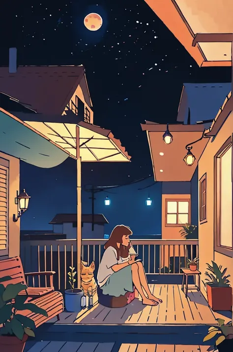 a girl sitting on a porch with a cat, with a view of the night sky