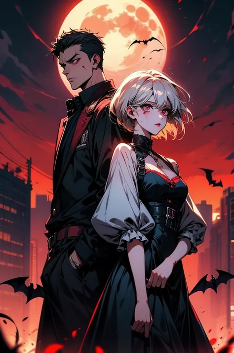 Anime couple in gothic outfits with bats and a blood moon, From Girls Frontline, Danganronpa digital art, Official artwork, vampire, Zerochan Art, crimson themed, Girls Frontline Style, vermilion, Gap Moe Yandere Grimdark, Best anime 4k konachan wallpaper,...