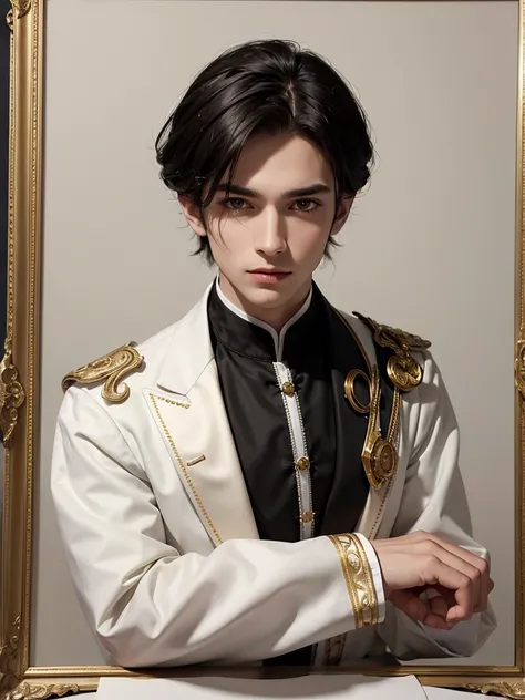 Young man, white skin, piercing eyes, dark hair, shoulder-length, combed back, refined features, sharp jawline, clean shaved facial hair, dignified posture, Elizabethan black velvet jacket, golden ornament, white laces, bare white neck, in a detailed ink w...