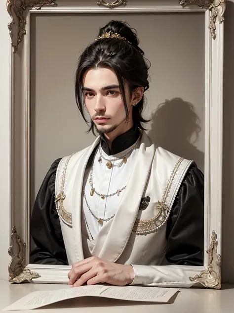 Young man, white skin, piercing eyes, dark hair, shoulder-length, combed back, refined features, sharp jawline, clean shaved facial hair, dignified posture, Elizabethan black velvet jacket, golden ornament, white laces, bare white neck, in a detailed ink w...