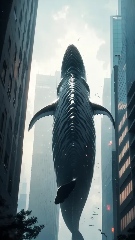 absurdres, (a whale flying between skyscrapers:1.2),only the huge tail fin is visible, amazing person々, heavy rain, storm, cloud...