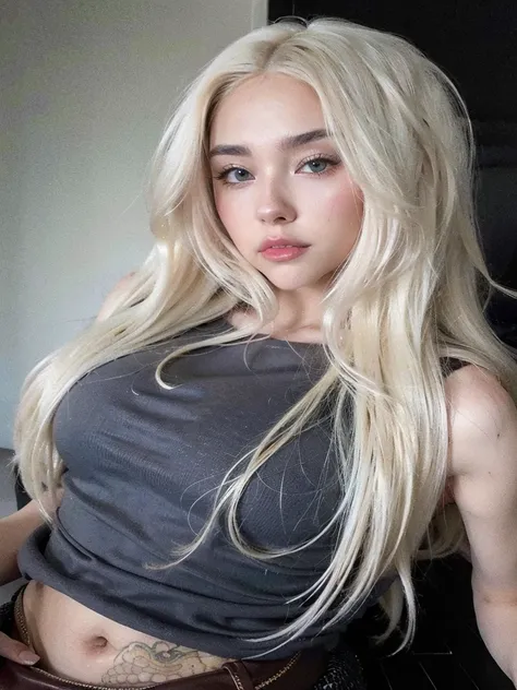 blonde woman with long hair and piercings posing for a photo, with white long hair, with long white hair, perfect white haired girl, ava max, tifa lockhart with white hair, pale porcelain white skin, anime girl in real life,  with white hair, extremely lig...