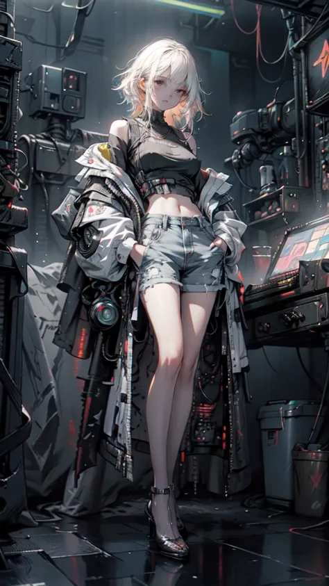 1 girl, long Yellow hair , cyberpunk, blue eyes, high heels, hand in pocket, best quality, 4k, 8k, highres, masterpiece:1.2, ultra-detailed, realistic, photorealistic, photo-realistic:1.37, HDR, UHD, studio lighting, ultra-fine painting, sharp focus, physi...