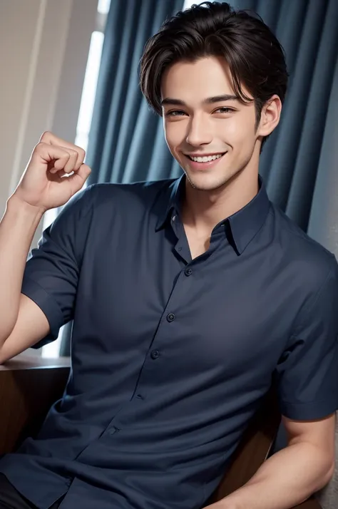 2D image of handsome young man smiling in a navy blue shirt 