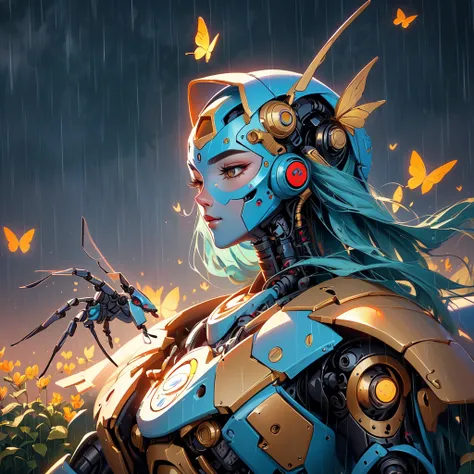 Oil painting of a robot sitting in the rain with a butterfly flying above, cute robot, 8k hd wallpaper digital art, robot painting a robot on canvas, 4k highly detailed digital art, 4 k hd illustrative wallpaper, 4 k hd wallpaper very detailed, robot art c...