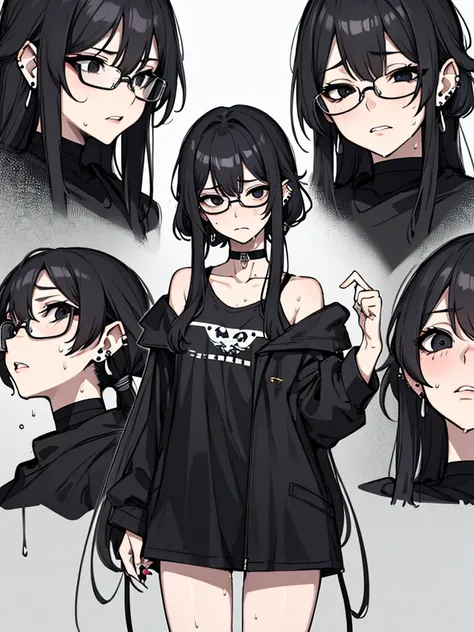 (masterpiece), best quality, expressive eyes, highres, best anatomy, cowboy shot, 1girl, perfect face, perfect hands, female, pale, glasses, messy hair, black hair, very long hair, black eyes, glasses, weak, tired, small breasts, graphic t-shirt, gothic, e...