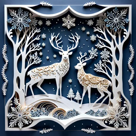 create a detailed paper cutout artwork depicting a scene that combines snow with intricate patterns. the scene should include de...