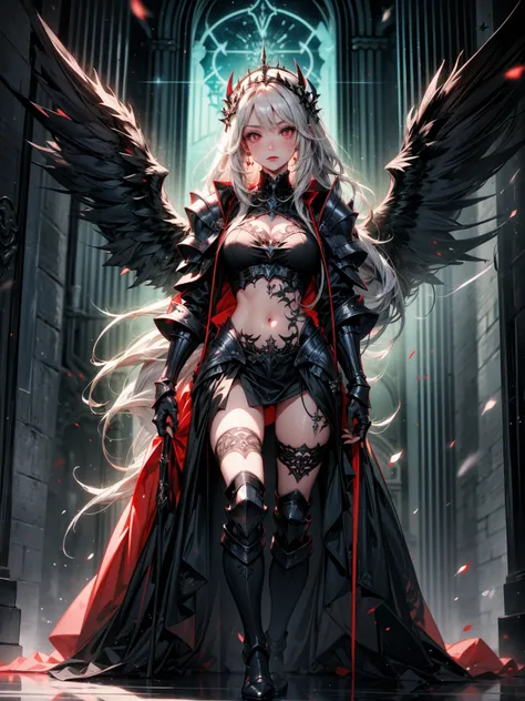 queen power armor , (gothic style), full body view , bellybutton, The most beautiful and sexy demon goddess, long white hair, glowing red eyes, wearing detailed black gothic battle armor, black angel wings, tattoos and piercings, gothic castle, perfect mas...