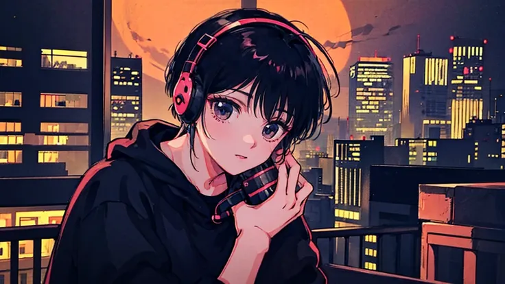 black short hair, black clothing, one adult woman looking sideways ,blue headphones、 city of night, delicate background、masterpi...